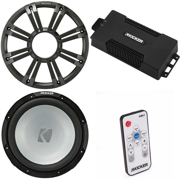 Kicker 48PXA6001 Weatherproof Powersport Mono Amp & 12" 2 Ohm Free-Air Marine Subwoofer ( Charcoal Grill ) Includes LED Remote