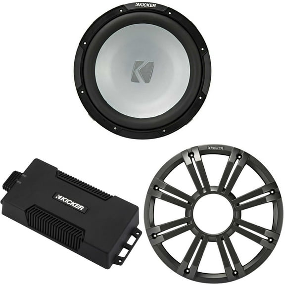 Kicker 48PXA6001 Weatherproof Powersport Mono Amp & 12" 2 Ohm Marine Subwoofer ( Charcoal Grill )