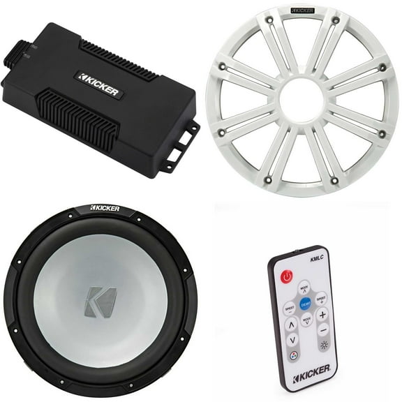 Kicker 48PXA6001 Weatherproof Powersport Mono Amp & 12" 2 Ohm Marine Subwoofer ( White Grill ) Includes LED Remote