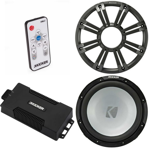 Kicker 48PXA6001 Weatherproof Powersport Mono Amp & 12" 4 Ohm Free-Air Marine Subwoofer ( Charcoal Grill ) Includes LED Remote