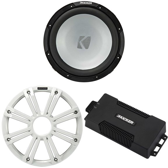 Kicker 48PXA6001 Weatherproof Powersport Mono Amp & 12" 4 Ohm Free-Air Marine Subwoofer ( White Grill )