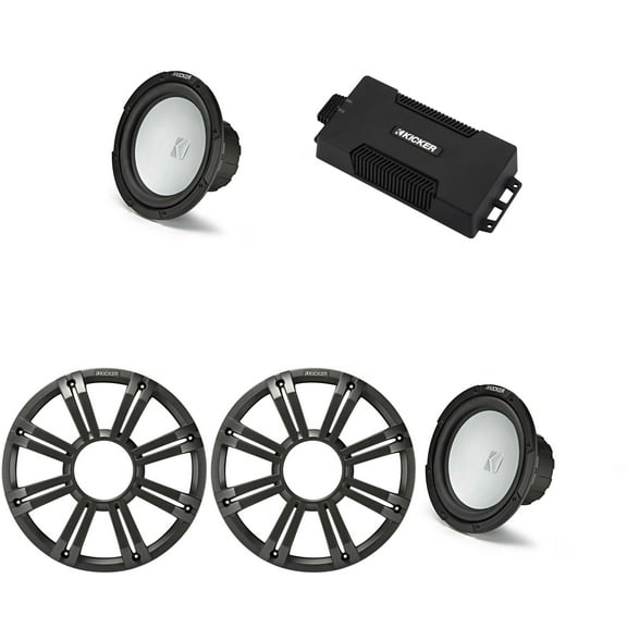 Kicker 48PXA6001 Weatherproof Powersport Mono Amp & (2) 10" 4 Ohm Free-Air Marine Subwoofer ( Charcoal Grill )