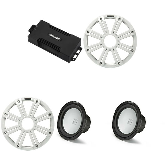 Kicker 48PXA6001 Weatherproof Powersport Mono Amp & (2) 10" 4 Ohm Free-Air Marine Subwoofer ( White Grill )