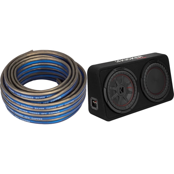 Kicker 48TCWRT102 CompRT 10" subwoofer in thin profile enclosure, 2ohm with Speaker Wire Bundle