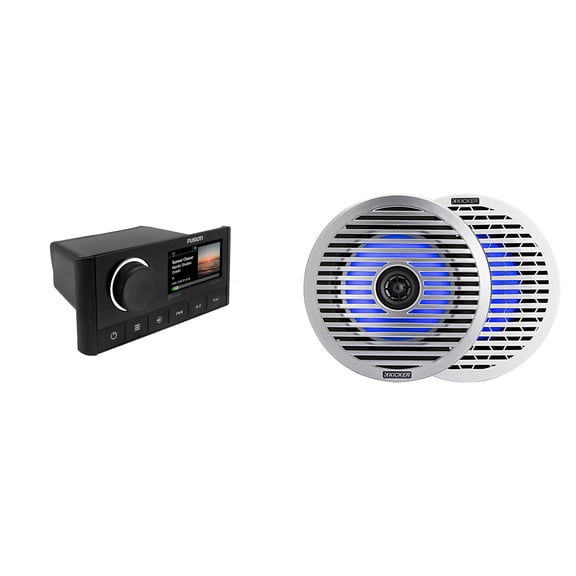 Kicker 51KM614FL 6.5-Inch (165mm) Thin-Mount Marine Coaxial Speakers with RGB LED, 4-Ohm, White & Silver Grilles Included , Bundled with MS-RA670 Apollo Marine Receiver