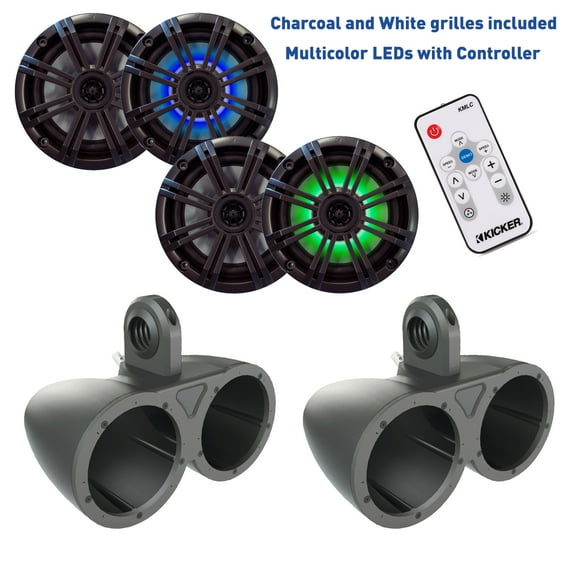 Kicker 6.5 Inch KM-Series Marine Speaker Bundle 41KM654LCW with Dual Black Wake Tower Enclosures and LED Remote