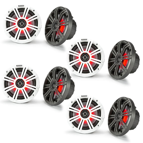 Kicker 6.5" Marine Speakers LED KM65 RGB 8 Pack Coaxial Boat Speakers Waterproof White Sport Grille Pontoon Marine Audio System Upgrade