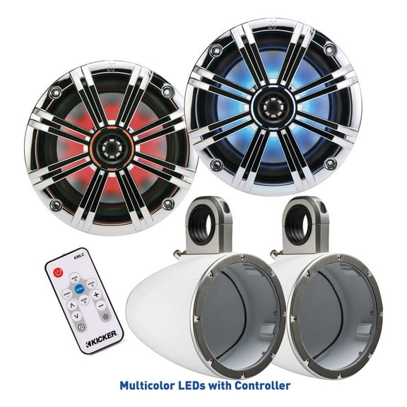 Kicker 8 Inch KM-Series Marine Chrome Grill Speaker Bundle 41KM84LCW with White Wake Tower Enclosures and LED Remote