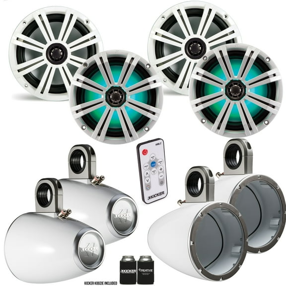 Kicker 8 Inch Marine Wake Tower Bundle 4 8" LED Speakers and Tower Enclosures in White - Includes KMTAP & LED Controller