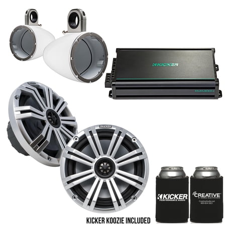 Kicker 8" Wake Tower LED Marine Speakers (Pair) – White/Silver with 300W Marine Amplifier – Boat Audio Upgrade for Wake & Surf Boats
