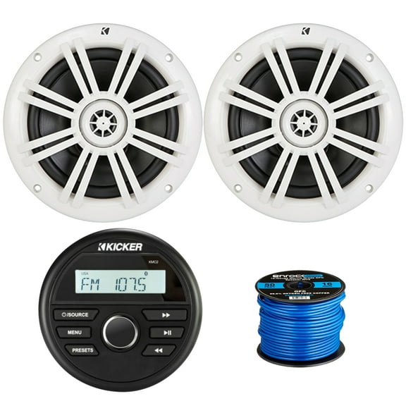 Kicker All-Weather Marine Gauge Style Bluetooth USB Stereo Receiver Bundle Combo with 1 Pair (QTY 2) 6.5" 2-Way 150 Watts Max Power Coaxial White Marine Audio Speakers, 50-Feet 16-Gauge Speaker Wire