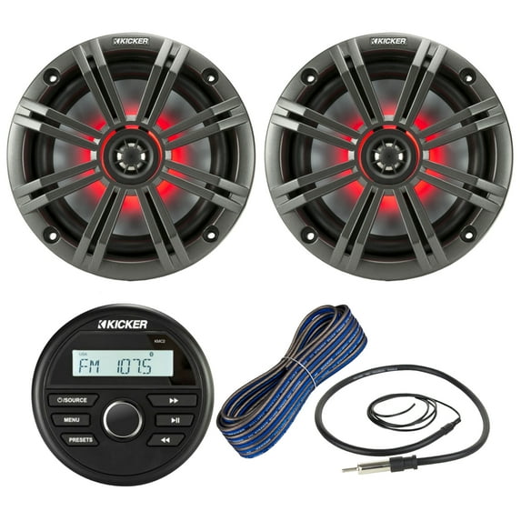 Kicker All-Weather Marine Gauge Style Bluetooth USB Stereo Receiver Bundle Combo with (QTY 2) 6.5" 2-Way 195W Max Coaxial Marine LED Speaker w/ Charcoal Grilles, 16-Gauge Wire, 22" Antenna