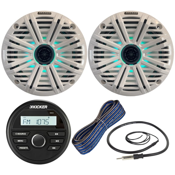 Kicker All-Weather Marine Gauge Style Bluetooth USB Stereo Receiver Bundle Combo with (QTY 2) 6.5" 2-Way 195W Max Coaxial Marine LED Speaker w/ White Salt Water Grille, 16-Gauge Wire, Antenna