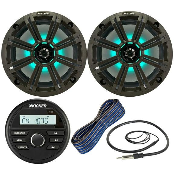 Kicker All-Weather Marine Gauge Style Bluetooth USB Stereo Receiver Bundle Combo with (QTY 2) 8" 2-Way 300W Max Coaxial Marine LED Speakers w/ Charcoal Grilles, 50-Ft 16-Gauge Wire, 22" Antenna