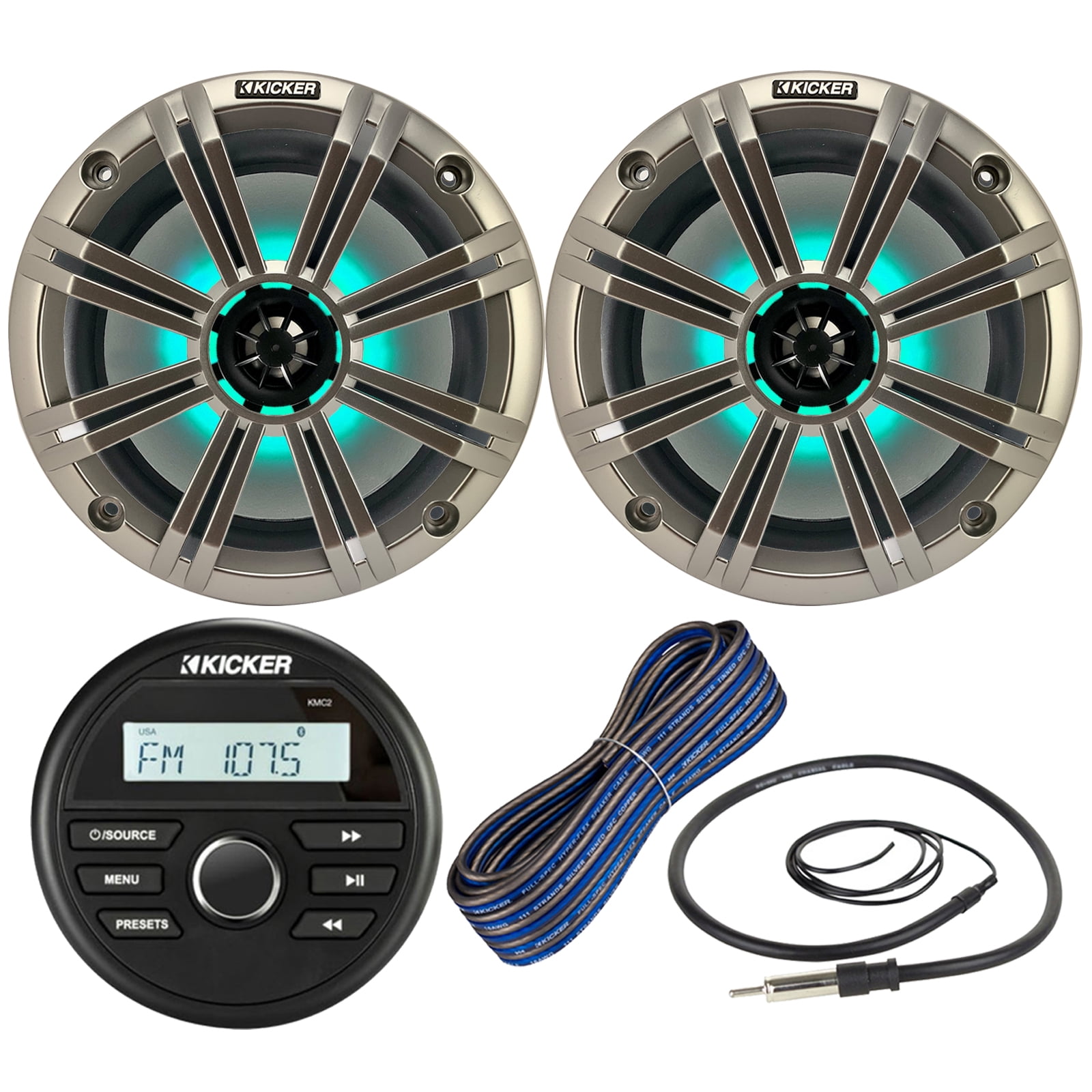 Kicker All-Weather Marine Gauge Style Bluetooth USB Stereo Receiver Bundle Combo with (QTY 2) 8" 2-Way 300W Max Coaxial Marine LED Speakers w/ Silver Grilles, 50-Ft 16-Gauge Wire, 22" Antenna