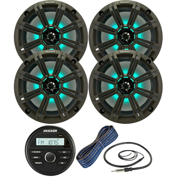 Kicker All-Weather Marine Gauge Style Bluetooth USB Stereo Receiver Bundle Combo with (QTY 4) 8" 2-Way 300W Max Coaxial Marine LED Speakers w/ Charcoal Grilles, 50-Ft 16-Gauge Wire, 22" Antenna