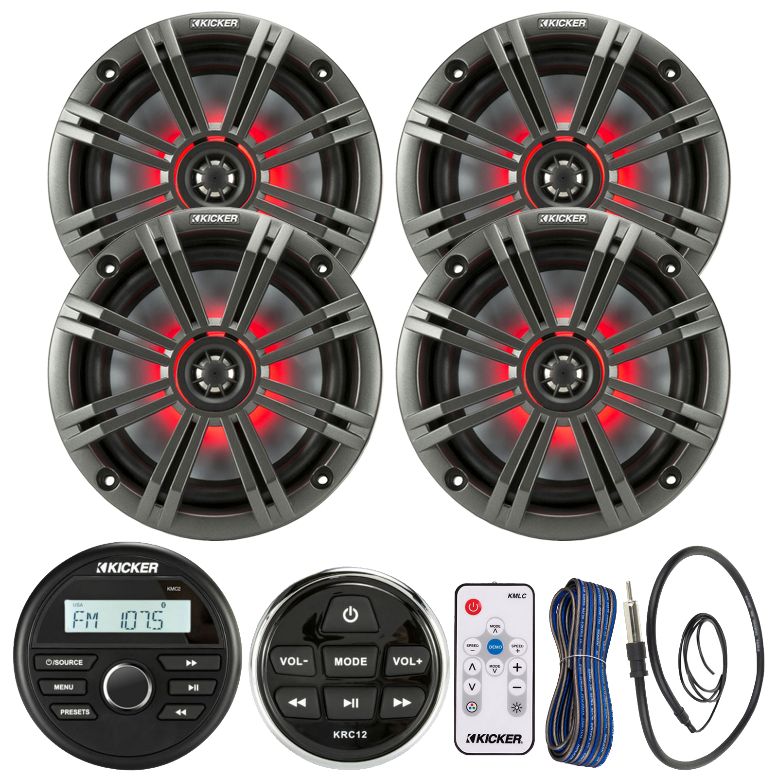 Kicker All-Weather Marine Gauge Style Bluetooth USB Stereo Receiver Bundle with Wired Remote, 4x 6.5" 2-Way 195W Max Coaxial Marine LED Speakers w/ Remote, Charcoal Grilles, Wire, Antenna