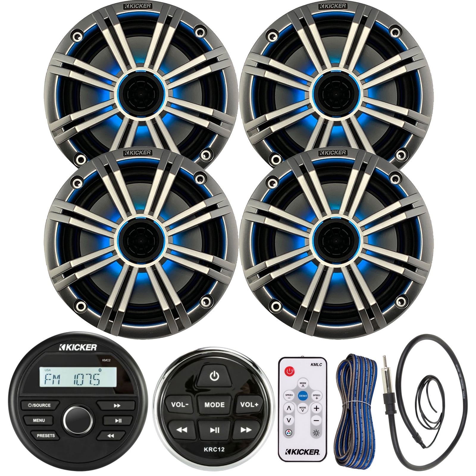 Kicker All-Weather Marine Gauge Style Bluetooth USB Stereo Receiver Bundle with Wired Remote, 4x 6.5" 2-Way 195W Max Coaxial Marine LED Speakers w/ Remote, Silver Grilles, Wire, Antenna