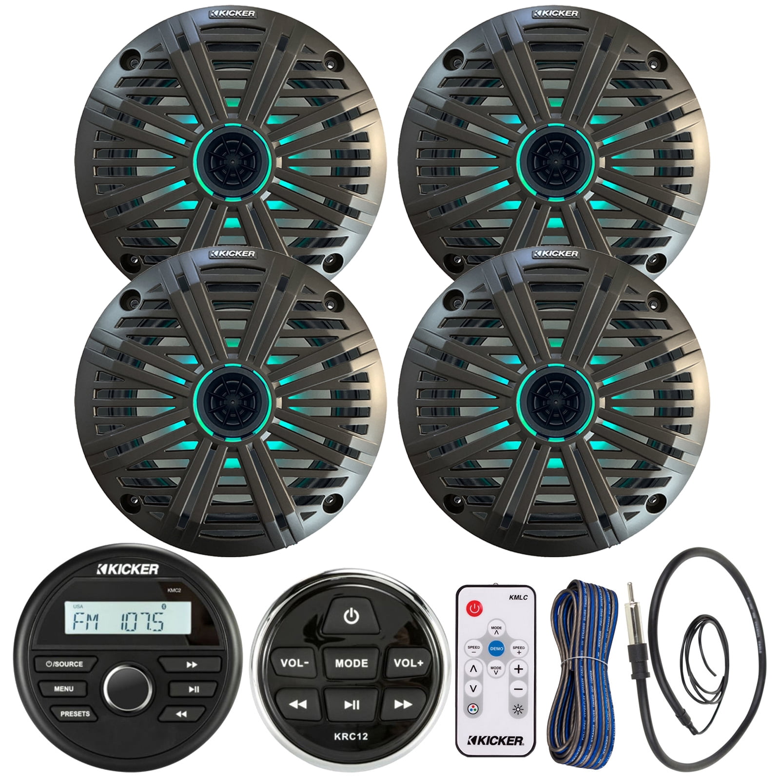 Kicker All-Weather Marine Gauge Style Bluetooth USB Stereo Receiver Bundle with Wired Remote, 4x 6.5" 2-Way 195W Max Coaxial Marine LED Speakers w/ Remote, Charcoal Salt Water Grilles, Wire, Antenna