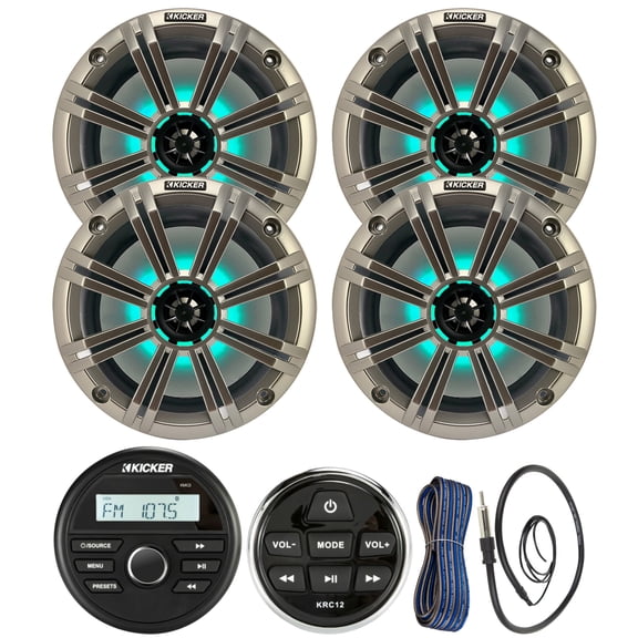Kicker All-Weather Marine Gauge Style Bluetooth USB Stereo Receiver Bundle with Wired Remote, 4x 8" 2-Way 300W Max Coaxial Marine LED Speakers w/ Silver Grilles, 50-Ft 16-Gauge Wire, 22" Antenna