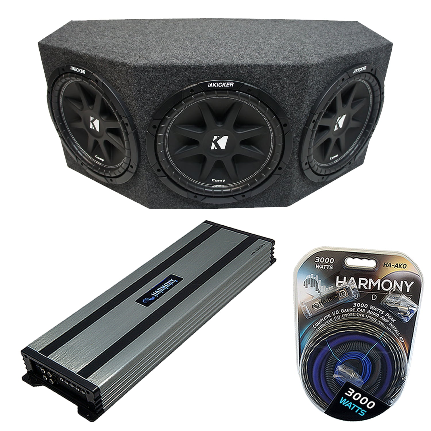 Kicker Comp C10 Triple 10" Subwoofer Loaded 1500 Watt Sub Box & HA-A1500.1 Amp