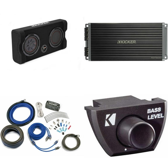 Kicker Comp RT 8 Inch 48TRTP82 Thin Down Firing Enclosure Package with 47KEY5001 Amp, Bass Knob & CK4 Amp install kit Bundle