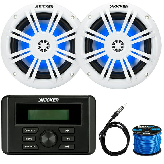 Kicker KMC3 Weather-Resistant Gauge-Style USB AM/FM Bluetooth Digital Media Receiver, 2x 6.5" 150 Watts Max Power RGB LED Boat Coaxial Speakers, 22" Radio Antenna, 50 Feet 16 Gauge Speaker Wire