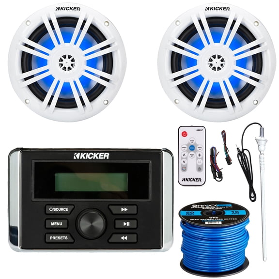 Kicker KMC3 Weather-Resistant Gauge-Style USB AM/FM Bluetooth Digital Media Receiver, 2x 6.5" 150 Watts Max Power RGB LED Boat Coaxial Speakers W/LED Controller, Radio Antenna, 50 Feet Speaker Wire