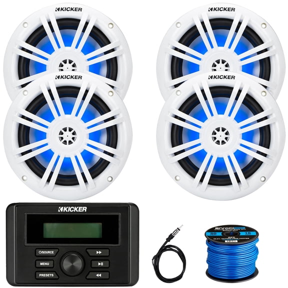 Kicker KMC3 Weather-Resistant Gauge-Style USB AM/FM Bluetooth Digital Media Receiver, 4x 6.5" 150 Watts Max Power RGB LED Marine Coaxial Speakers, 22" Radio Antenna, 50 Feet 16 Gauge Speaker Wire
