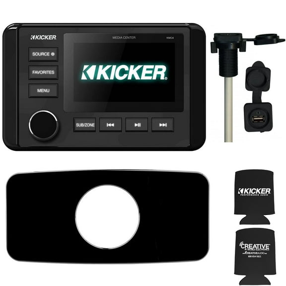 Kicker KMC4 Waterproof Radio With Stinger SEADASH3B Universal Marine 3" Radio Dash Kit - Black, And SMRAUXUSB3 Usb/Aux