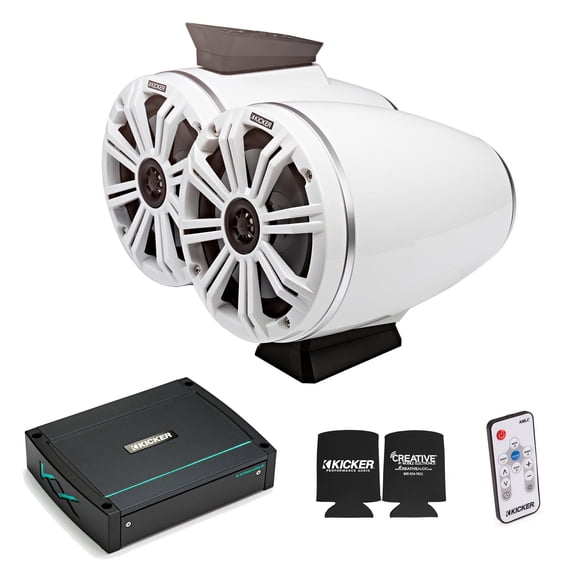 Kicker KMFC65W 6.5" Flat Mount White Tower Speakers (1 pair) with KXM4002 Marine Amplifier