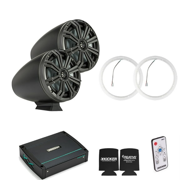 Kicker KMFC8 8" Flat Mount Charcoal Tower Speakers (1 pair) with LED Rings, KXM4002 Marine Amplifier