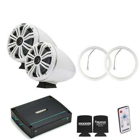 Kicker KMFC8W 8" Flat Mount White Tower Speakers (1 pair) with LED Rings, KXM4002 Marine Amplifier