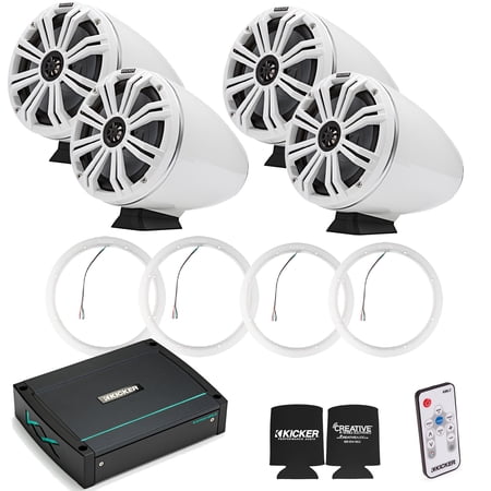 Kicker KMFC8W 8" Flat Mount White Tower Speakers (2 pair) with LED Rings, KXM4002 Marine Amplifier