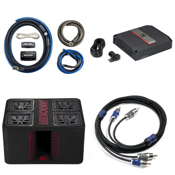 Kicker LX1650.1 Mono Amplifier with 47QL7R122 Quad 12 Inch Solo-Baric L7R Loaded Subwoofer Enclosure and 1/0 Gauge Amp Kit
