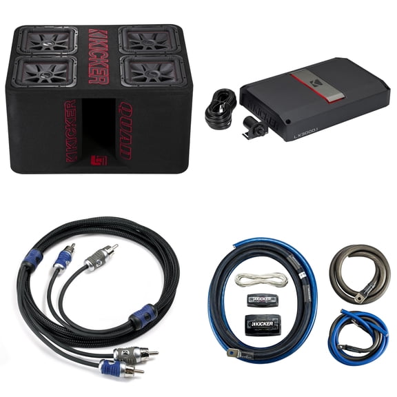 Kicker LX3000.1 Amp with Quad 12 Inch L7R Loaded Subwoofer Box and 1/0 Gauge Amp Kit