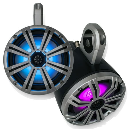 Kicker Marine 8" LED Wake Tower System with Black enclosures and Silver Grilles, includes Remote for LEDs