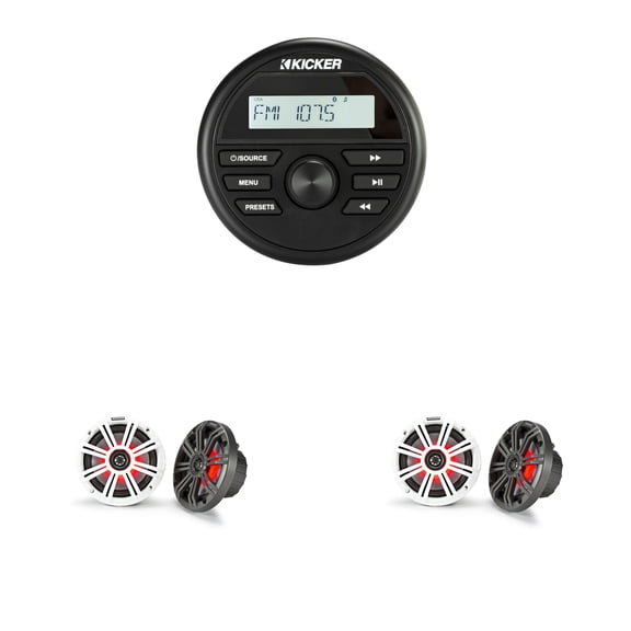 Kicker Marine Audio Bundle 6.5" LED Speakers KM65 RGB 4 Pack with Bluetooth Marine Stereo Receiver Pontoon Boat Sound System Upgrade