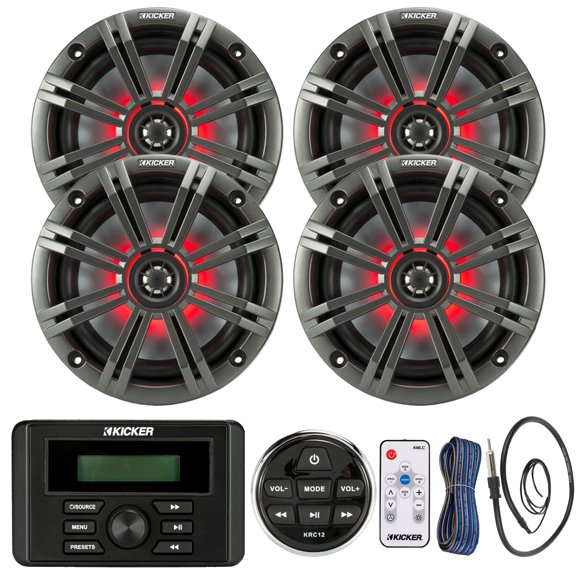 Kicker Marine Bluetooth USB RCA Stereo Receiver w/Remote Bundle with (QTY 4) 6.5" 2-Way 195W Max Coaxial Marine LED Speakers w/ Charcoal Grilles, LED Remote, 50-Ft 16-Gauge Wire, Antenna