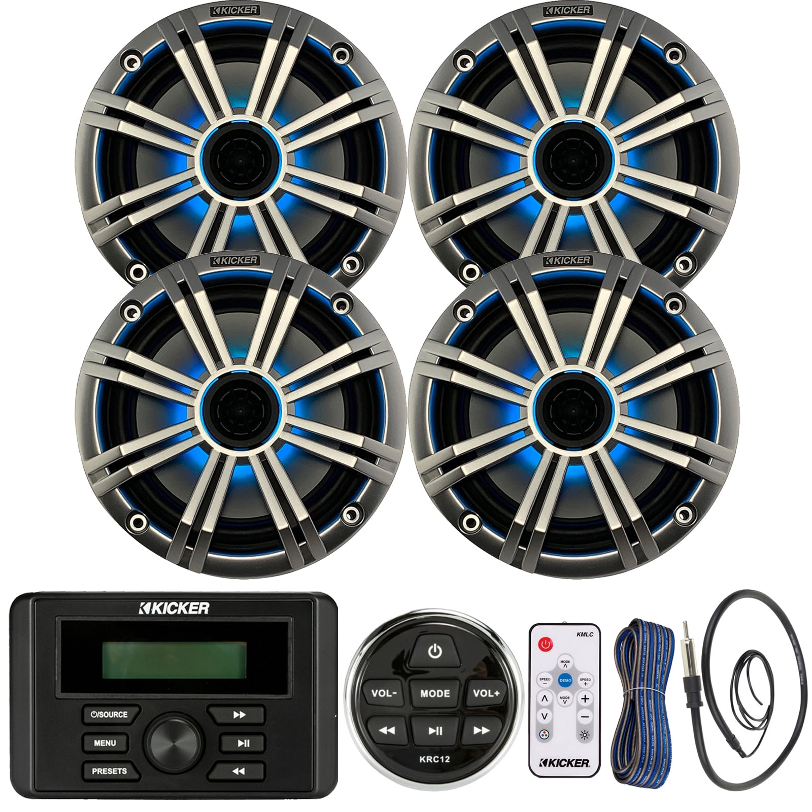 Kicker Marine Bluetooth USB RCA Stereo Receiver w/Remote Bundle with (QTY 4) 6.5" 2-Way 195W Max Coaxial Marine LED Speakers w/ Silver Grilles, LED Remote, 50-Ft 16-Gauge Wire, Antenna