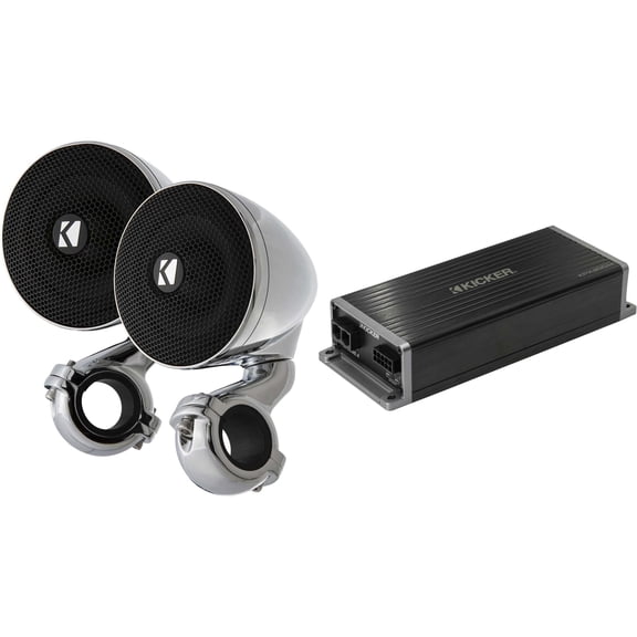 Kicker Marine KPX300.4 Powersports & Motorcycle Amp & 3" Chrome Enclosed Speakers (2 Ohm )