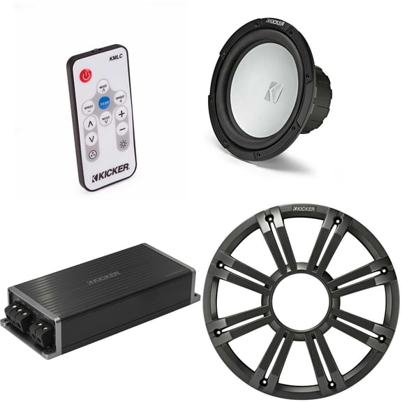 Kicker Marine KPX500.1 Powersports Amp & 10" 4 Ohm ( Charcoal Grill ) Subwoofer Audio Upgrade, Includes LED Remote