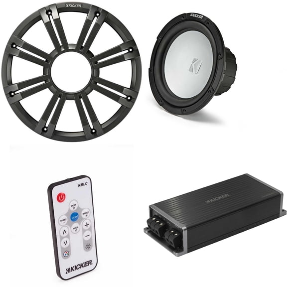 Kicker Marine KPX500.1 Powersports Amp & 10" Free Air 2 Ohm ( Charcoal Grill ) Subwoofer Audio Upgrade, Includes LED Remote