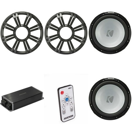 Kicker Marine KPX500.1 Powersports Amp & (2) 12" 4 Ohm ( Charcoal Grill ) Subwoofer Audio Upgrade, Includes LED Remote
