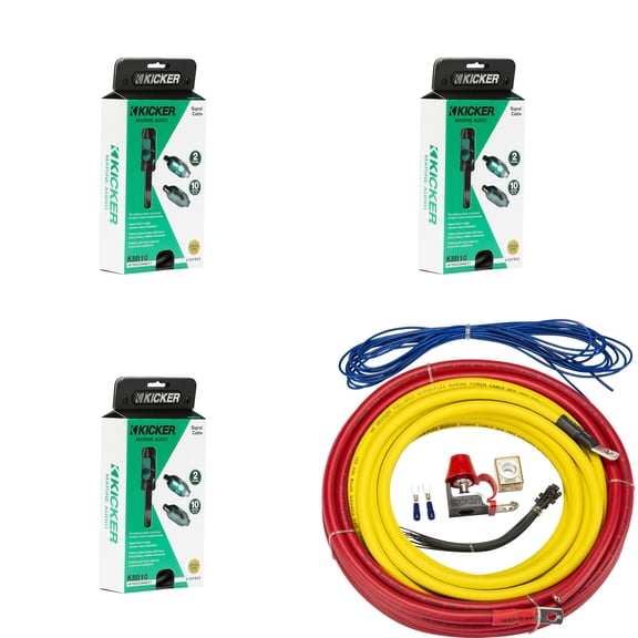 Kicker Marine Multi-Zone Amp Install Kit  (3) 47KMI10 2-Ch RCA Cables + 47KMPK4 4AWG Power Kit  DIY Boat Audio Wiring Bundle for Multi Channel Systems