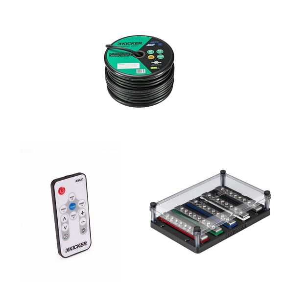Kicker Marine RGB Install Bundle 46KMWRGB150 LED Speaker Wire, 41KMLC Lighting Controller & 51RGBWDB Distribution Block DIY Boat Audio Accessory Kit