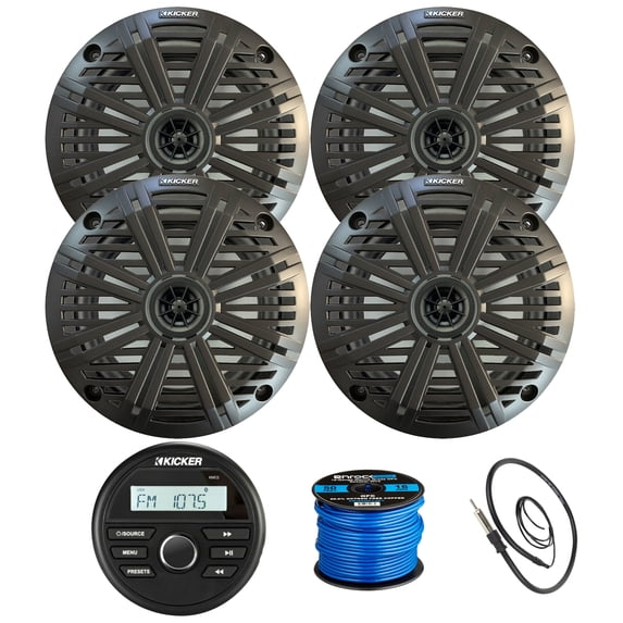 Kicker Model 46KMC2 Marine Gauge Bluetooth USB Stereo Receiver with 2 Pair (QTY 4) 6.5" 2-Way 195W Max Marine Speakers w/ Charcoal Salt Water Grilles, 16-Gauge Wire, Antenna