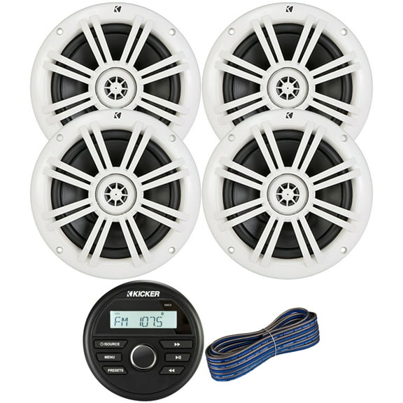 Kicker Model 46KMC2 Marine Gauge Receiver w/ 2 Pair 6.5" 150W Coaxial White Speakers, 50 ft Wire