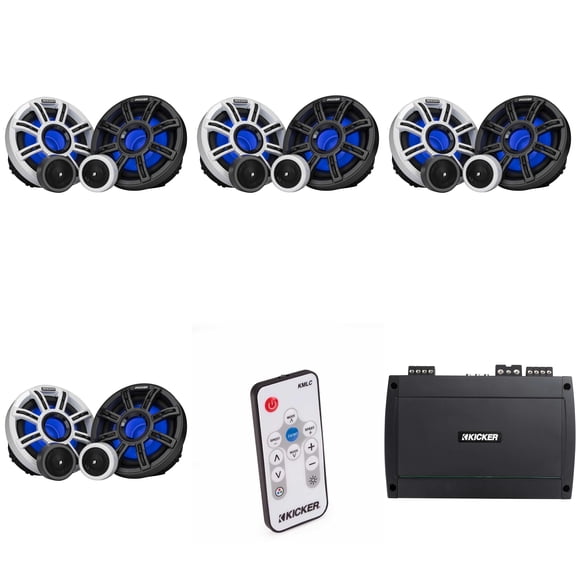 Kicker Premium Marine (4 Pair ) 6.5" Component Speaker and Amplifier bundle Includes LED Remote ( 51MSS654 & 48KXMA8004 )