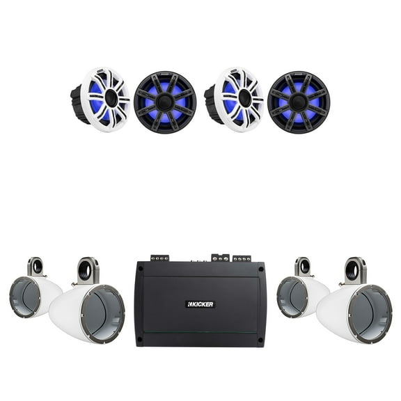 Kicker Premium Marine 8" 51MSC8 (2 Pair ) With 43KMTES8W (2 Pair) White Enclosures Includes 48KXMA8004 Amp, UTV / Wake Boarding